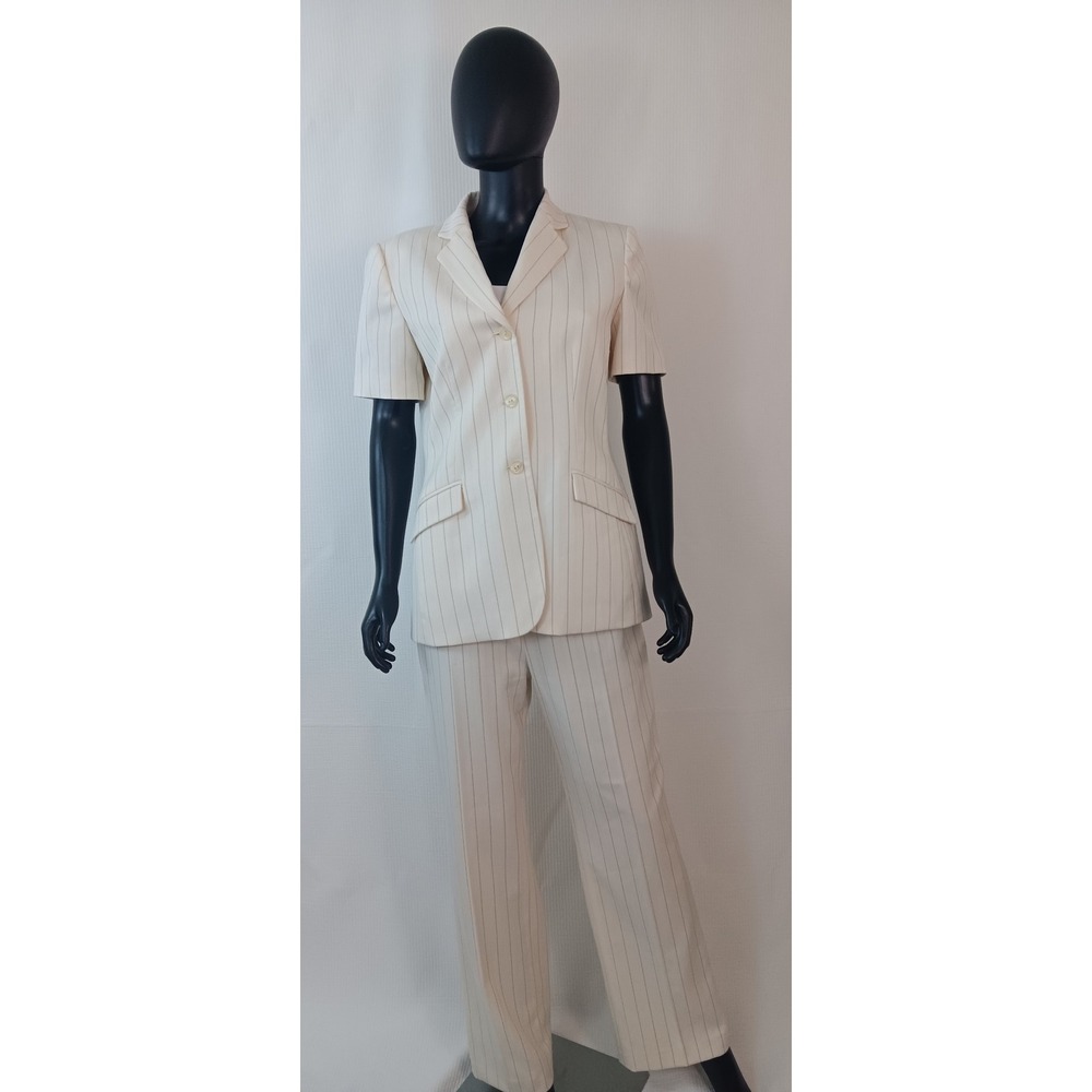 Kasper Womens Ivory Pinstripe Short Sleeve Blazer Pant Suit Set Size 6